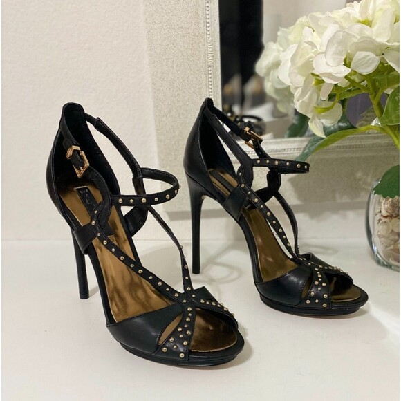BCBG MAXAZRIA Black Leather Gold Stud Strappy Heels Stilettos Forrester 10B - Picture 1 of 11